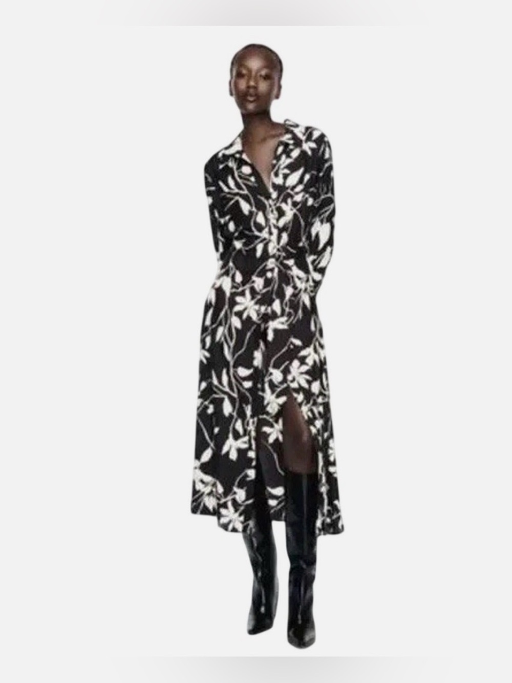 Zara Black and White Floral Button-Front Midi Dress